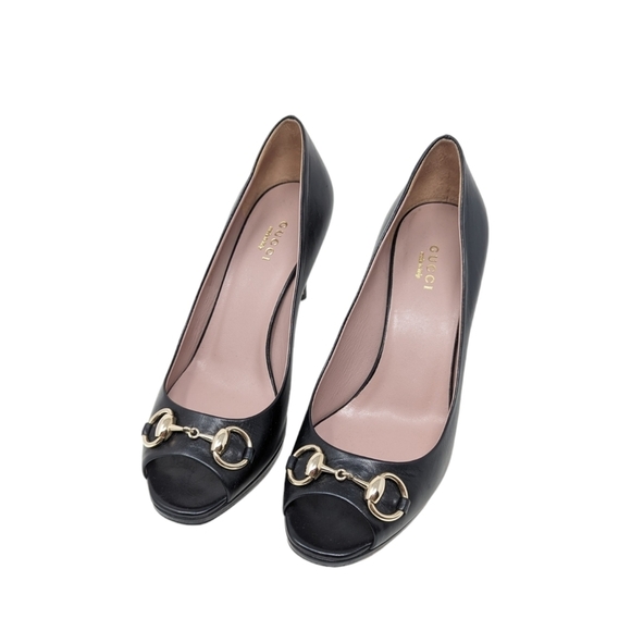 NIB Gucci Black Leather Horsebit Hollywood Peep Toe Heels Pumps Size EU … - Picture 11 of 11